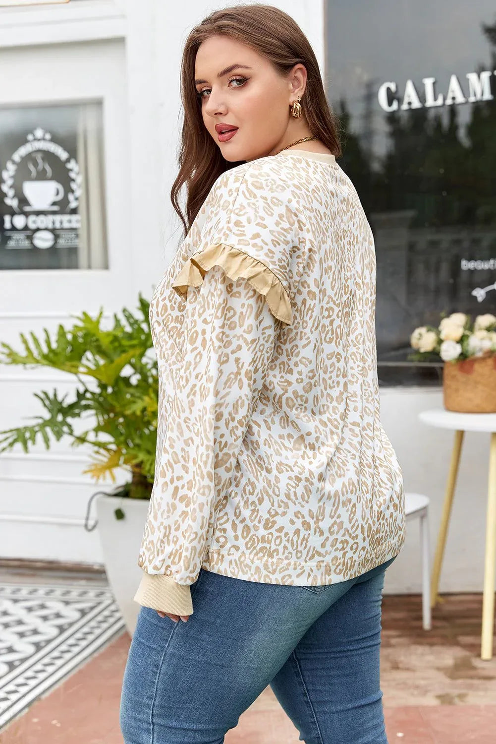 Khaki Plus Size Ruffled Arm Leopard Sweatshirt - MarkoFit