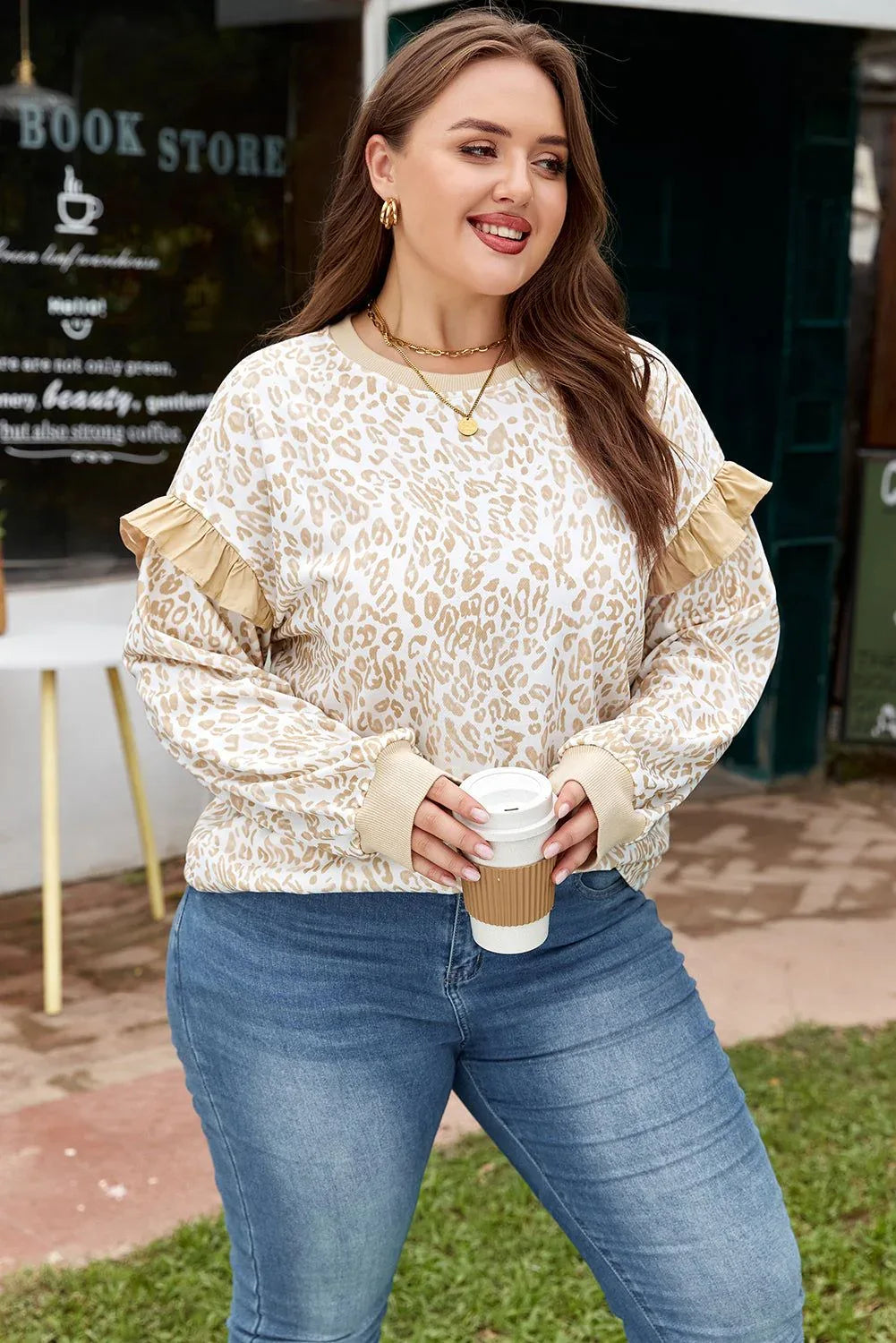 Khaki Plus Size Ruffled Arm Leopard Sweatshirt - MarkoFit