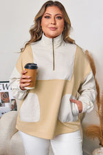 Khaki Stripe Mix Half Zip French Terry Plus Size Sweatshirt - MarkoFit