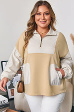 Khaki Stripe Mix Half Zip French Terry Plus Size Sweatshirt - MarkoFit