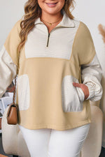 Khaki Stripe Mix Half Zip French Terry Plus Size Sweatshirt - MarkoFit