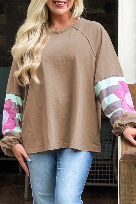 Light French Beige Flower Striped Patchwork Puff Sleeve Loose Sweatshirt - MarkoFit