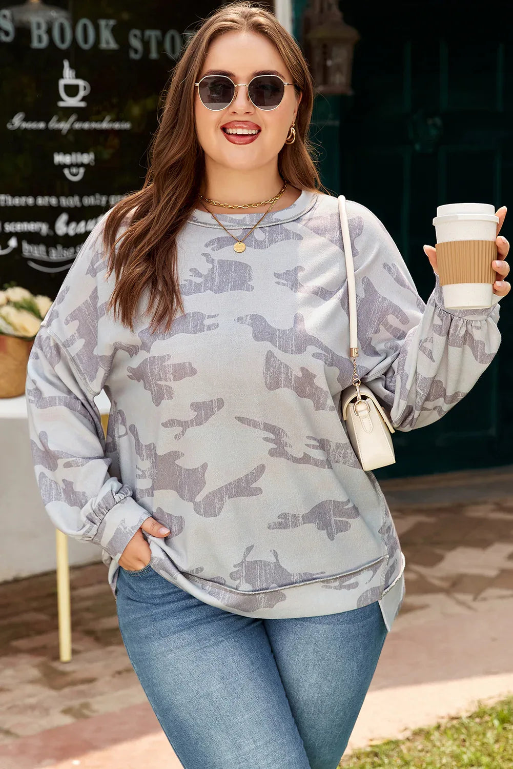 Multicolour Camouflage Print Round Neck Plus Size Sweatshirt - MarkoFit