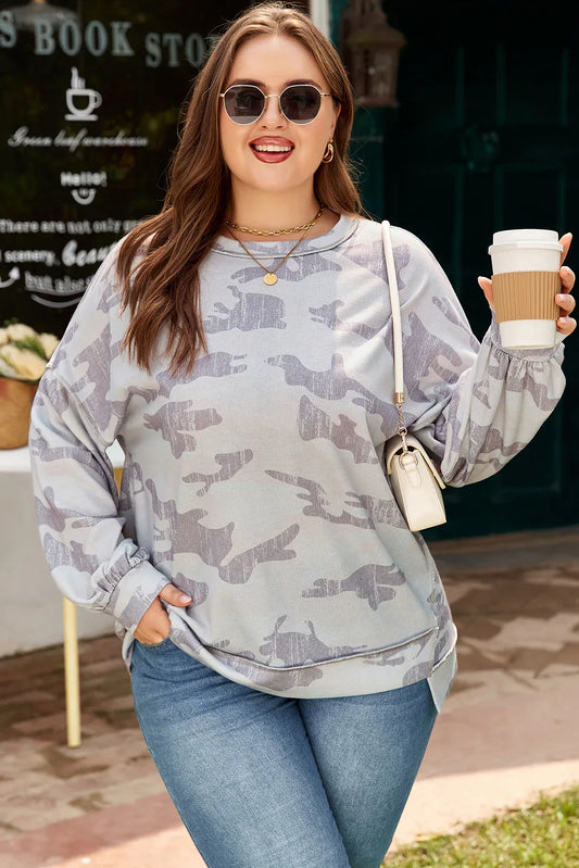 Multicolour Camouflage Print Round Neck Plus Size Sweatshirt - MarkoFit