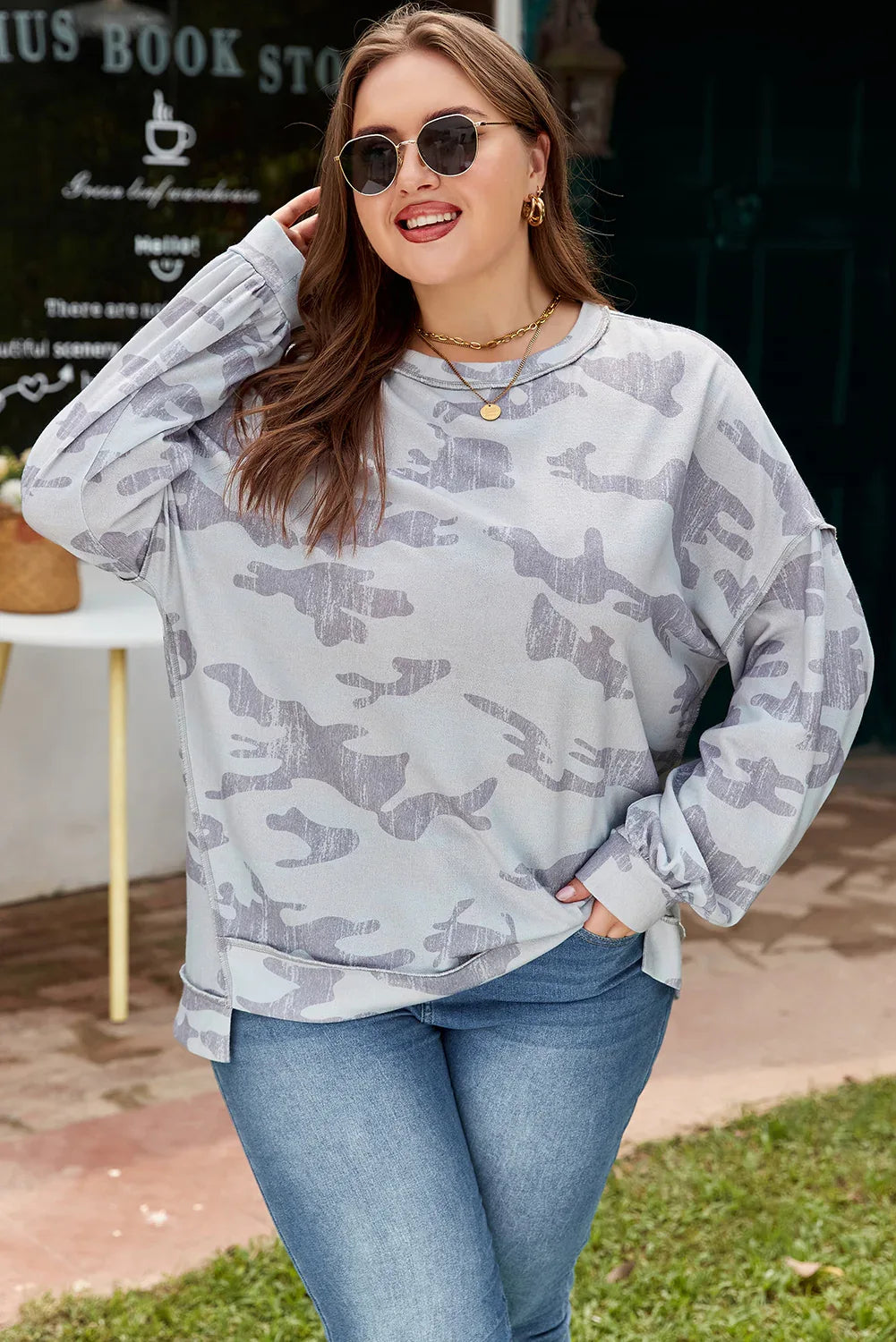 Multicolour Camouflage Print Round Neck Plus Size Sweatshirt - MarkoFit