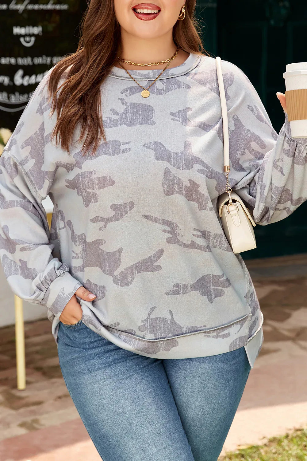 Multicolour Camouflage Print Round Neck Plus Size Sweatshirt - MarkoFit