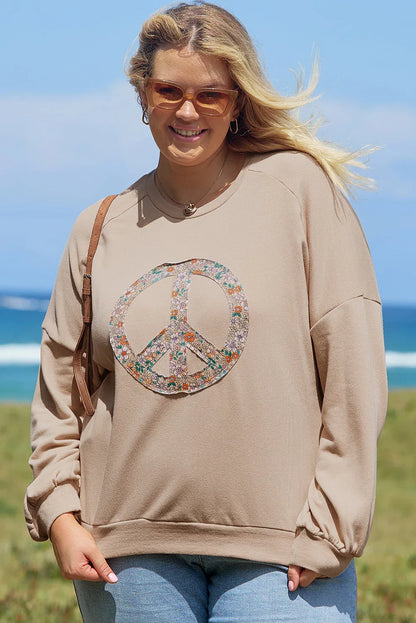 Pale Khaki Floral Peace Sign Graphic Washed Terry Plus Size Sweatshirt - MarkoFit
