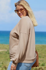 Pale Khaki Floral Peace Sign Graphic Washed Terry Plus Size Sweatshirt - MarkoFit