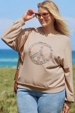 Pale Khaki Floral Peace Sign Graphic Washed Terry Plus Size Sweatshirt - MarkoFit