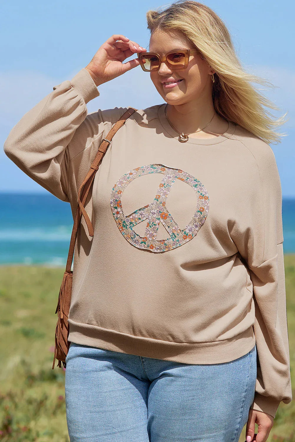 Pale Khaki Floral Peace Sign Graphic Washed Terry Plus Size Sweatshirt - MarkoFit