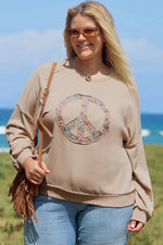 Pale Khaki Floral Peace Sign Graphic Washed Terry Plus Size Sweatshirt - MarkoFit