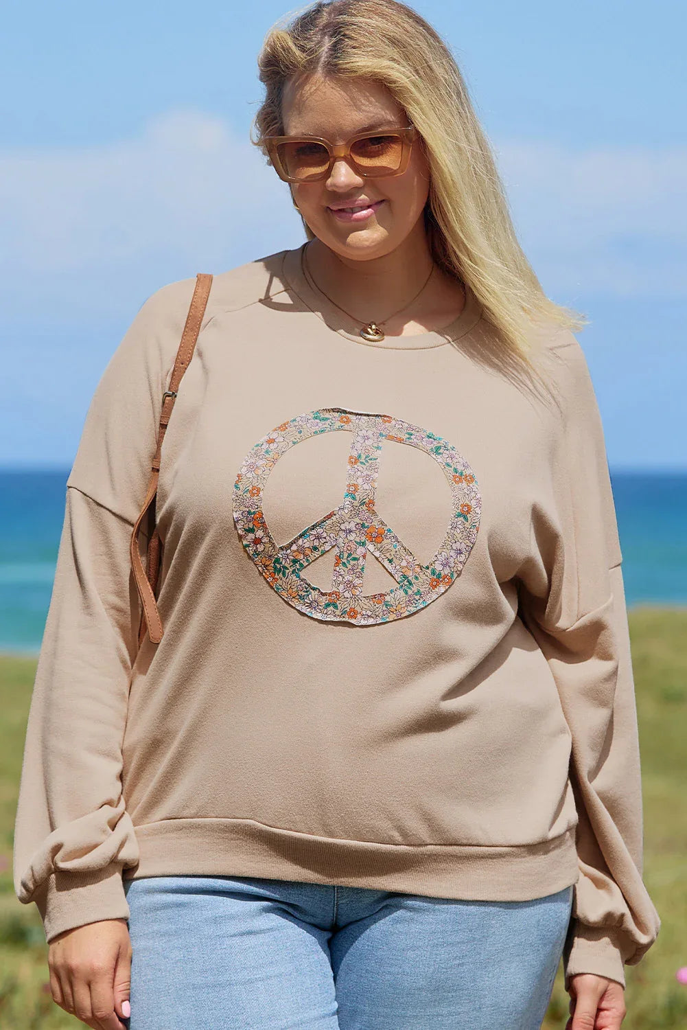 Pale Khaki Floral Peace Sign Graphic Washed Terry Plus Size Sweatshirt - MarkoFit