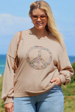 Pale Khaki Floral Peace Sign Graphic Washed Terry Plus Size Sweatshirt - MarkoFit