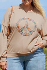 Pale Khaki Floral Peace Sign Graphic Washed Terry Plus Size Sweatshirt - MarkoFit