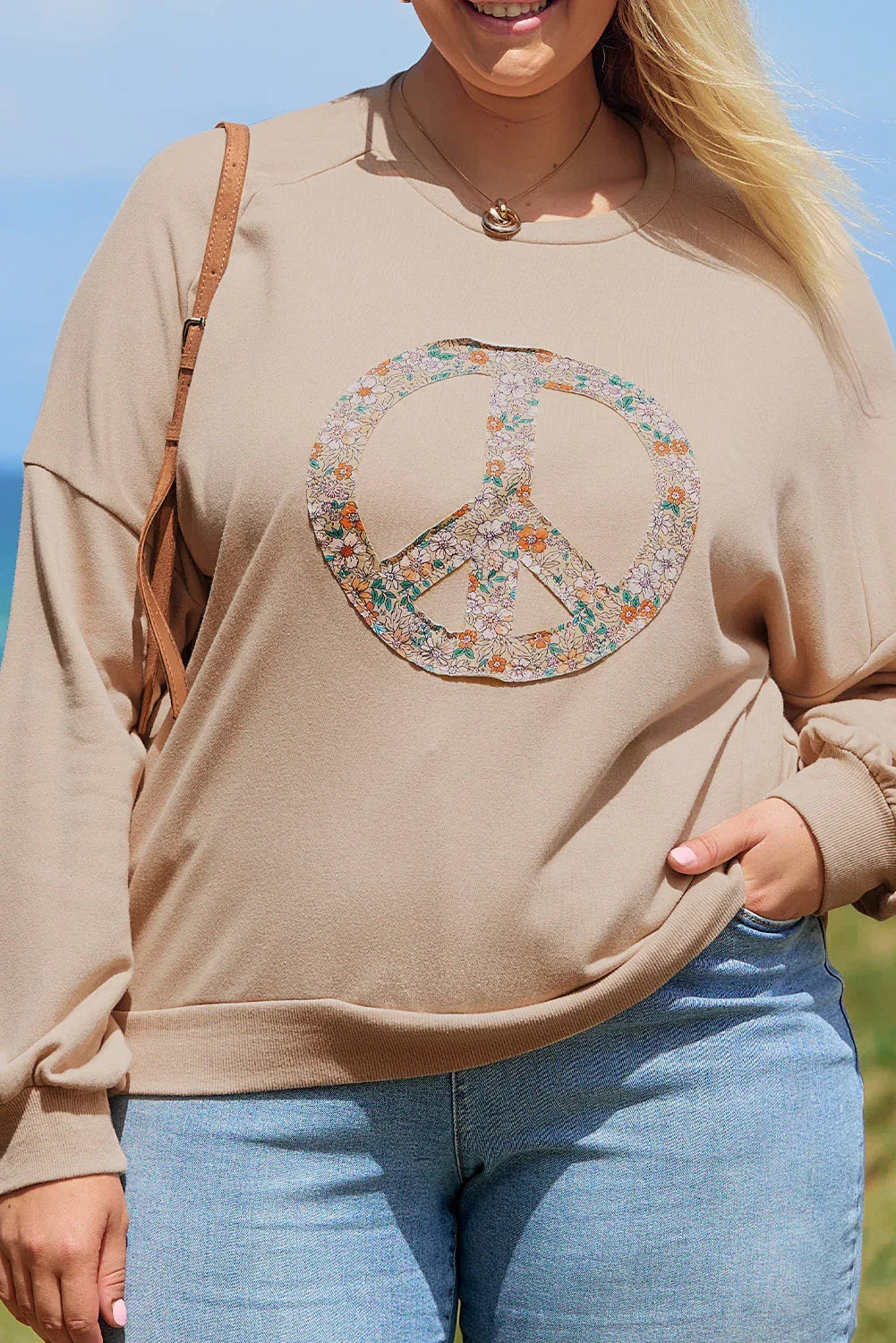 Pale Khaki Floral Peace Sign Graphic Washed Terry Plus Size Sweatshirt - MarkoFit