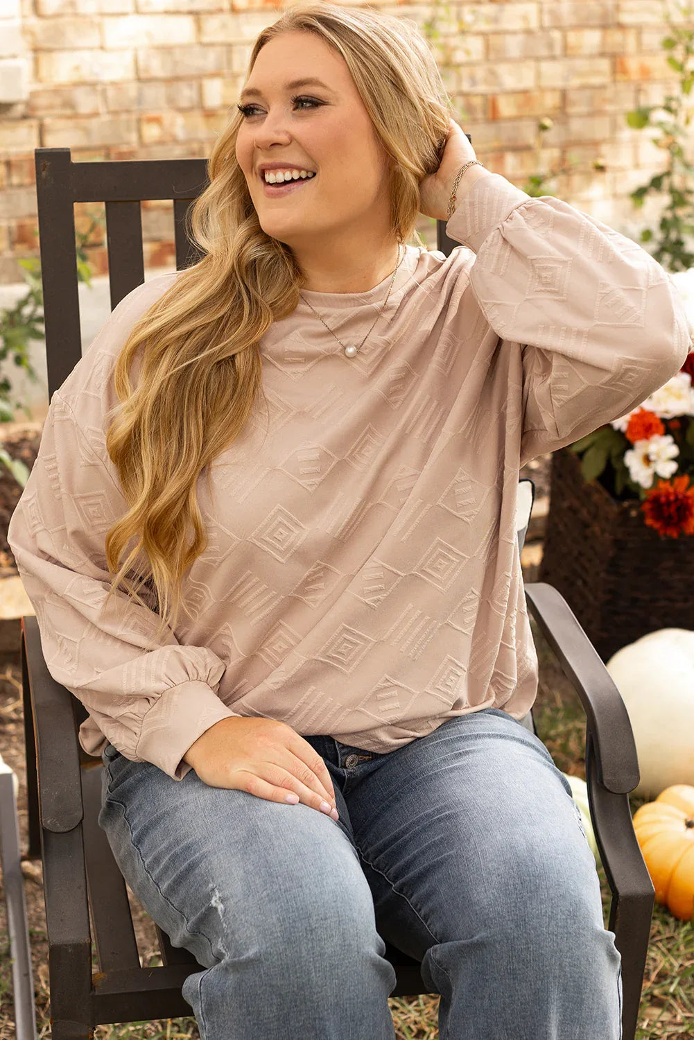 Parchment Plus Size Textured Drop Shoulder Crew Neck Sweatshirt - MarkoFit