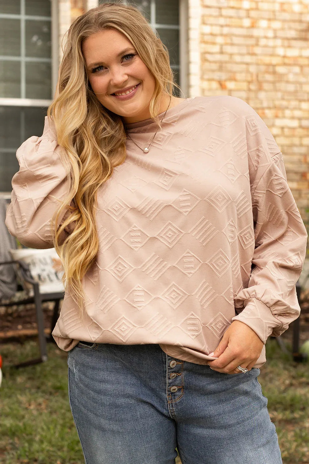 Parchment Plus Size Textured Drop Shoulder Crew Neck Sweatshirt - MarkoFit