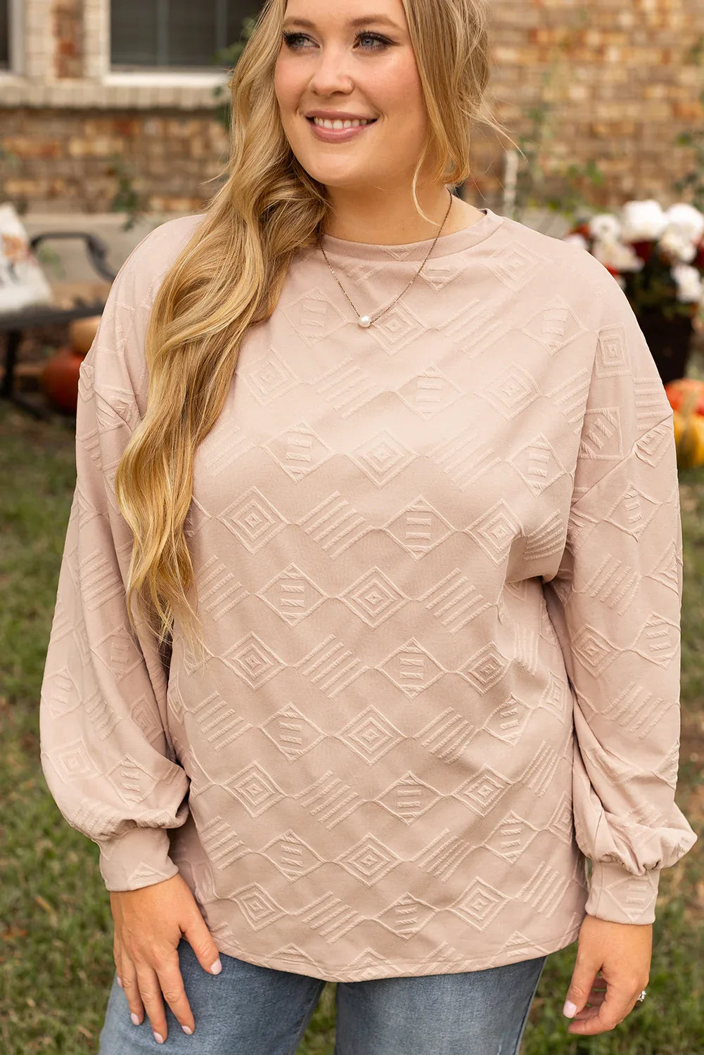 Parchment Plus Size Textured Drop Shoulder Crew Neck Sweatshirt - MarkoFit