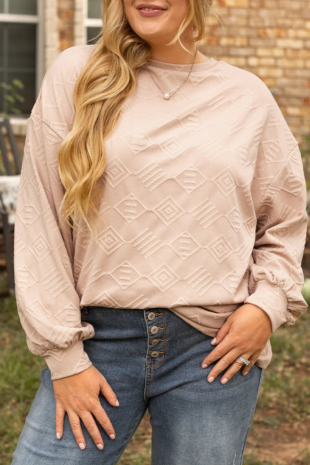 Parchment Plus Size Textured Drop Shoulder Crew Neck Sweatshirt - MarkoFit