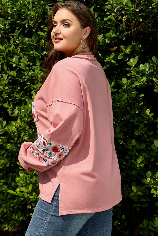 Peach Blossom Plus Size Floral Applique Drop Shoulder Sweatshirt - MarkoFit