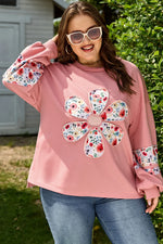 Peach Blossom Plus Size Floral Applique Drop Shoulder Sweatshirt - MarkoFit