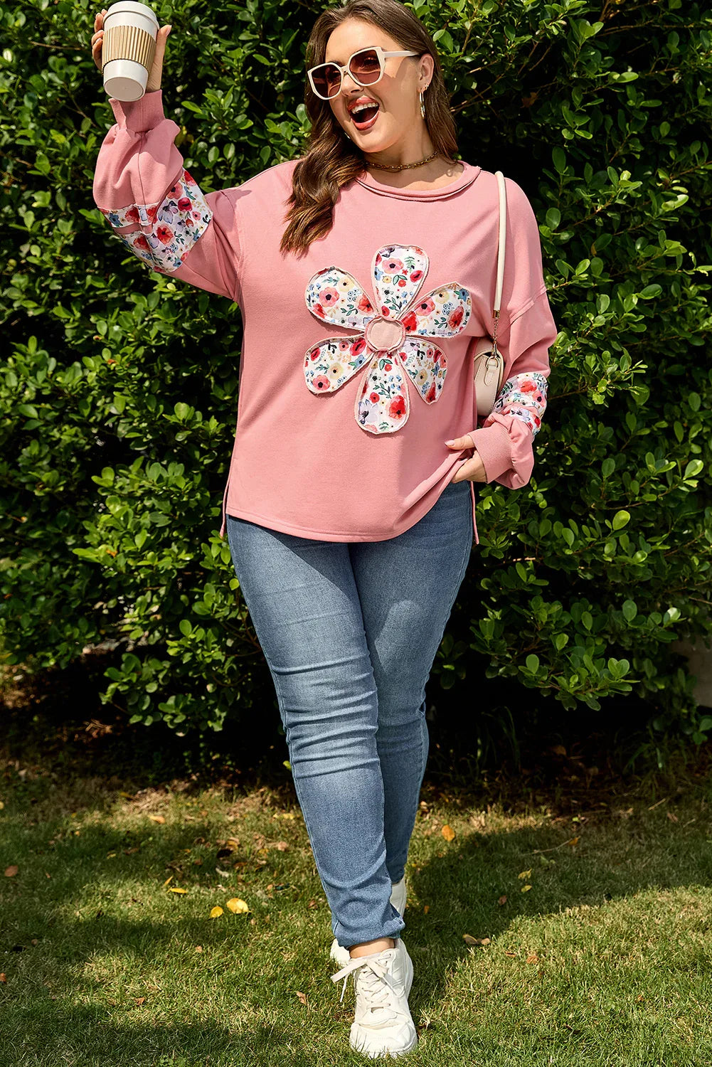 Peach Blossom Plus Size Floral Applique Drop Shoulder Sweatshirt - MarkoFit