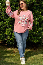 Peach Blossom Plus Size Floral Applique Drop Shoulder Sweatshirt - MarkoFit