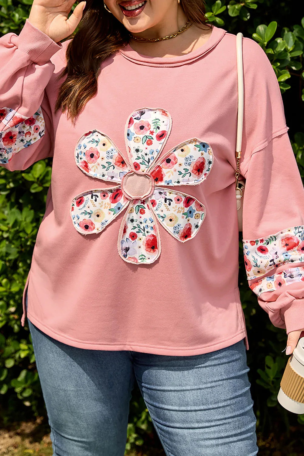 Peach Blossom Plus Size Floral Applique Drop Shoulder Sweatshirt - MarkoFit