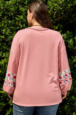 Peach Blossom Plus Size Floral Applique Drop Shoulder Sweatshirt - MarkoFit