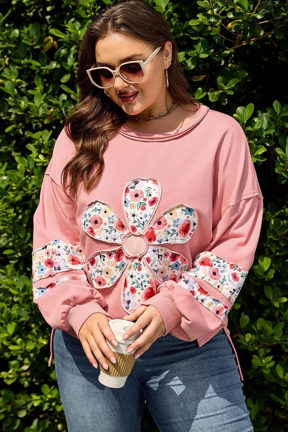 Peach Blossom Plus Size Floral Applique Drop Shoulder Sweatshirt - MarkoFit
