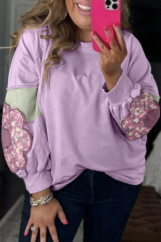 Phalaenopsis Flower Patch Colorblock Plus Size Pullover Top - MarkoFit