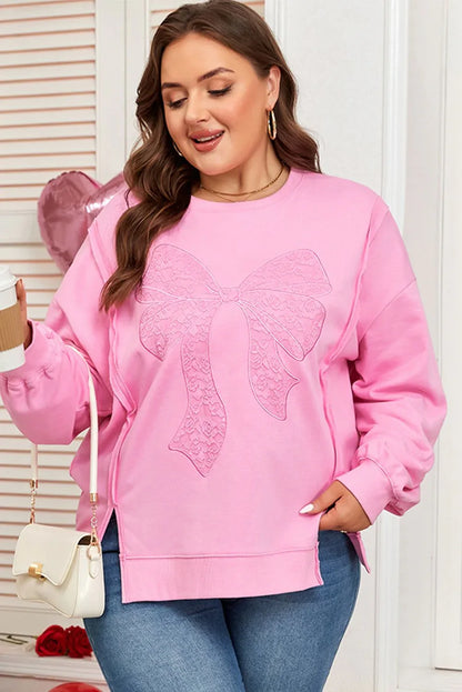 Pink Big Bow Lace Embroidered Dolman Sleeve Slit Plus Size Sweatshirt - MarkoFit