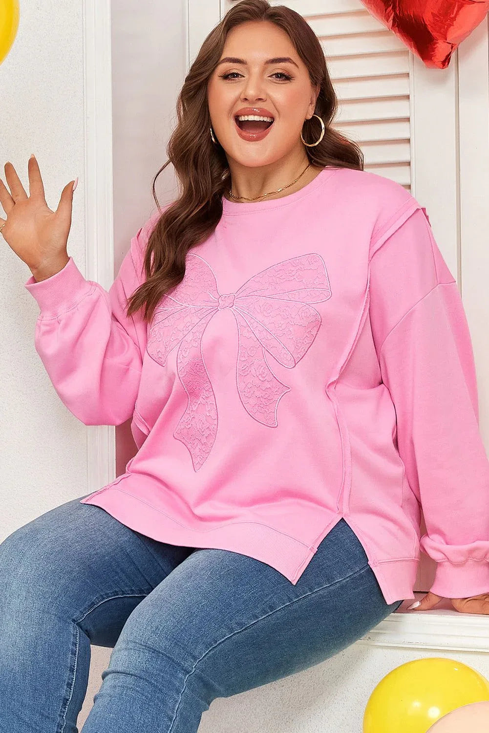 Pink Big Bow Lace Embroidered Dolman Sleeve Slit Plus Size Sweatshirt - MarkoFit