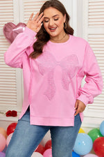 Pink Big Bow Lace Embroidered Dolman Sleeve Slit Plus Size Sweatshirt - MarkoFit