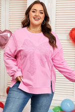 Pink Big Bow Lace Embroidered Dolman Sleeve Slit Plus Size Sweatshirt - MarkoFit