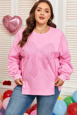 Pink Big Bow Lace Embroidered Dolman Sleeve Slit Plus Size Sweatshirt - MarkoFit