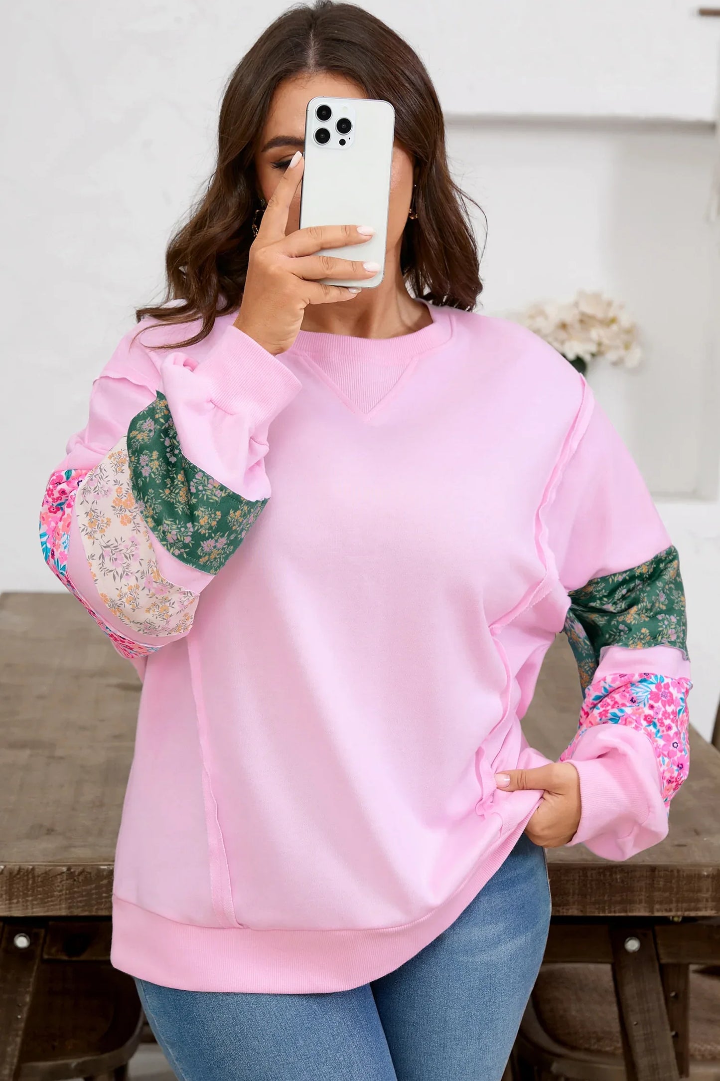 Pink Plus Size Mix Floral Patched Sleeve Ribbed Trim Baggy Sweatshirt - MarkoFit