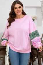Pink Plus Size Mix Floral Patched Sleeve Ribbed Trim Baggy Sweatshirt - MarkoFit