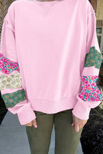 Pink Plus Size Mix Floral Patched Sleeve Ribbed Trim Baggy Sweatshirt - MarkoFit