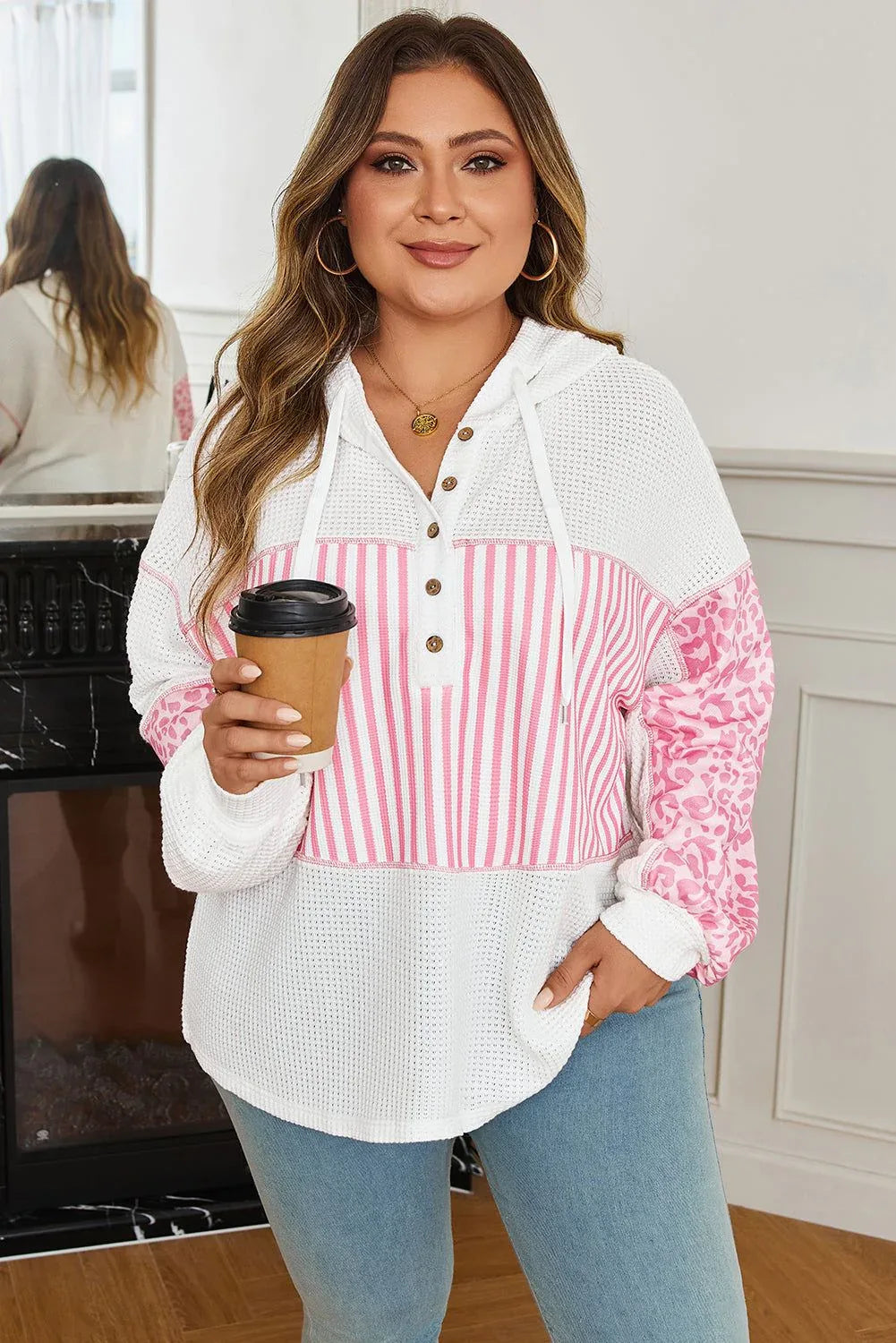 Pink Stripe Leopard Patchwork Waffle Knit Buttoned Plus Size Hoodie - MarkoFit
