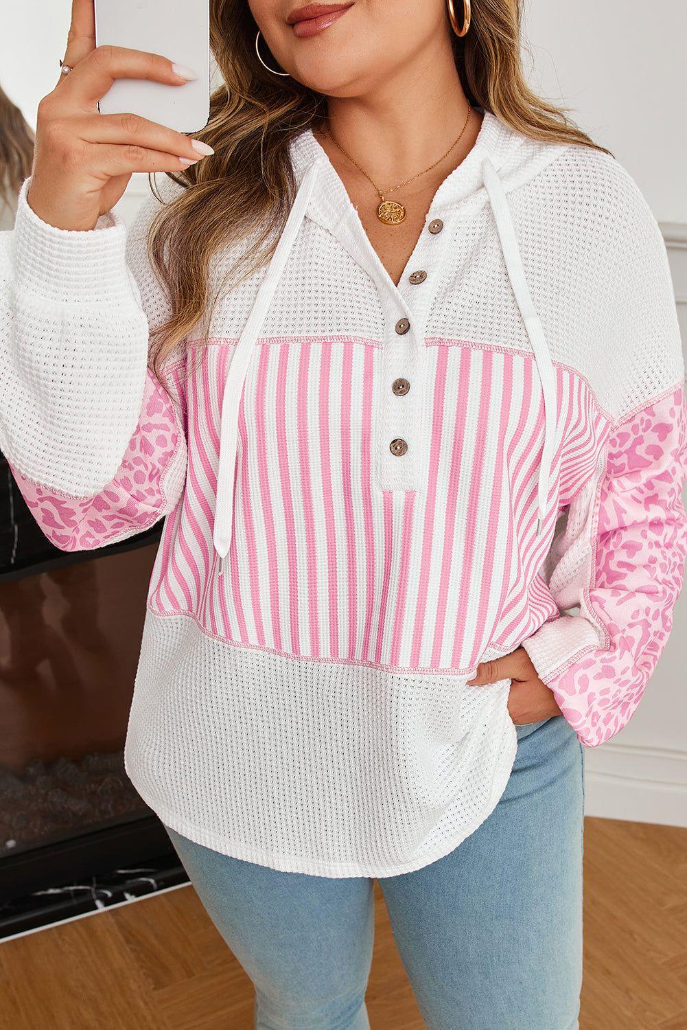 Pink Stripe Leopard Patchwork Waffle Knit Buttoned Plus Size Hoodie - MarkoFit