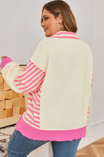 Pink Stripe Contrast Polo Collar Drop Shoulder Patchwork Plus Size Pullover - MarkoFit