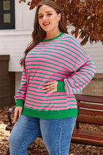 Pink Stripe Waffle Knit Crew Neck Plus Size Sweatshirt - MarkoFit