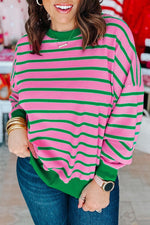 Pink Stripe Waffle Knit Crew Neck Plus Size Sweatshirt - MarkoFit