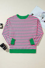 Pink Stripe Waffle Knit Crew Neck Plus Size Sweatshirt - MarkoFit