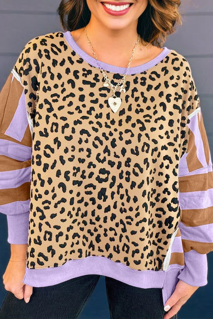 Purple Leopard Striped Patchwork Plus Size Loose Sweatshirt - MarkoFit