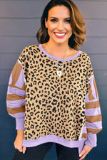 Purple Leopard Striped Patchwork Plus Size Loose Sweatshirt - MarkoFit