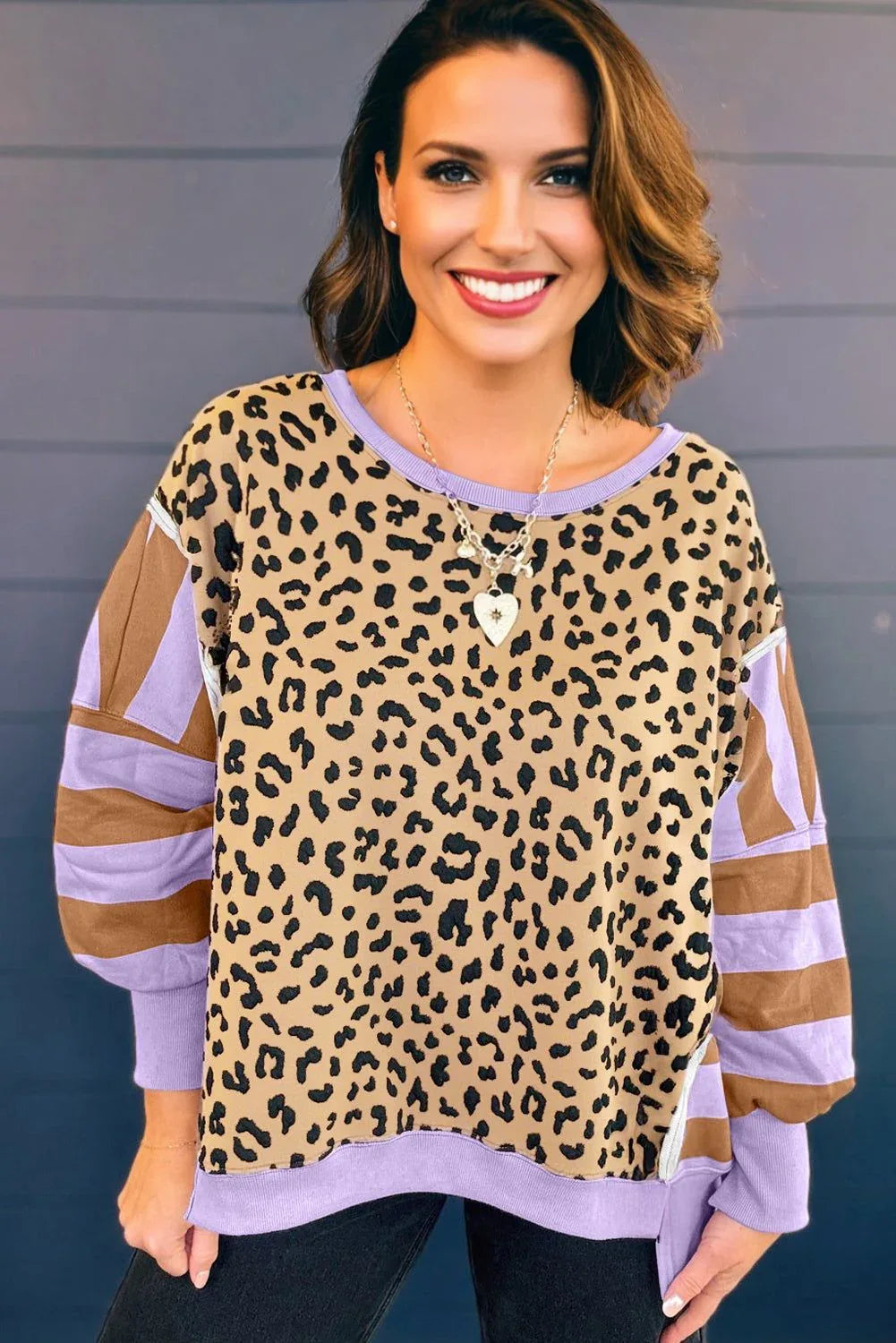 Purple Leopard Striped Patchwork Plus Size Loose Sweatshirt - MarkoFit