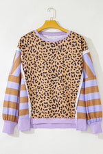 Purple Leopard Striped Patchwork Plus Size Loose Sweatshirt - MarkoFit