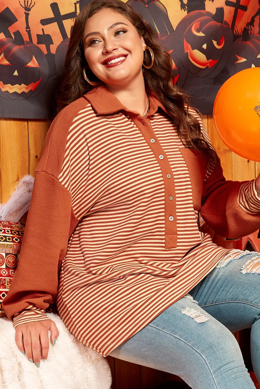 Red Stripe Textured Patched Drop Shoulder Buttoned Plus Size Sweatshirt - MarkoFit